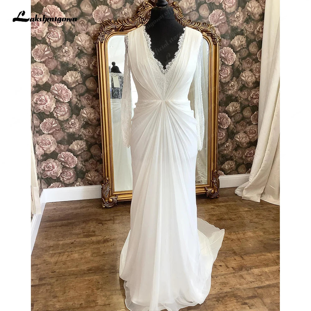 Lakshmigown Robe Civil Chiffon Long Sleeve V Neck Wedding Dress for Women 2024 Trouwjurk Bridal Gown Illusion Vestido Noiva
