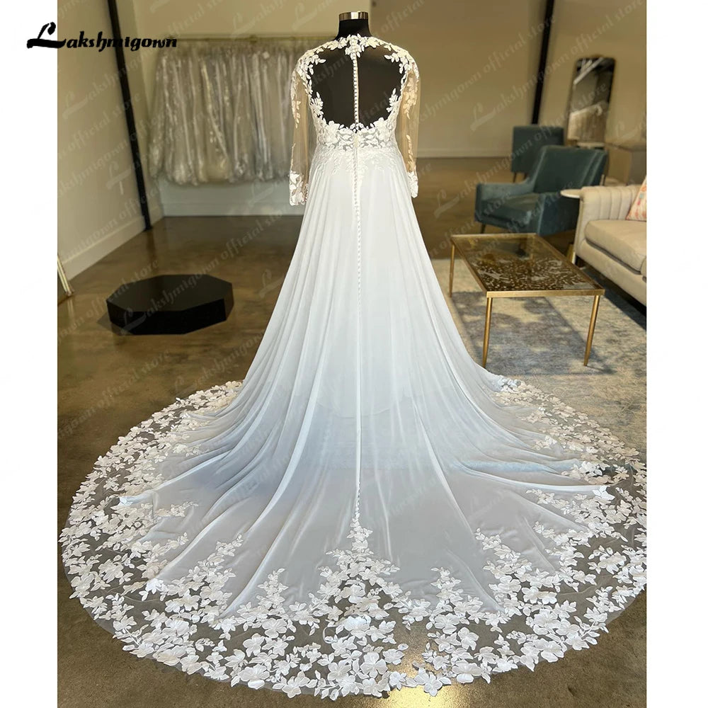 Lakshmigown Robe Civil V Neck Lace Boho Chiffon Wedding Dress for Women 2024 Long Sleeves Cut-out Train Chic Bridal Gow