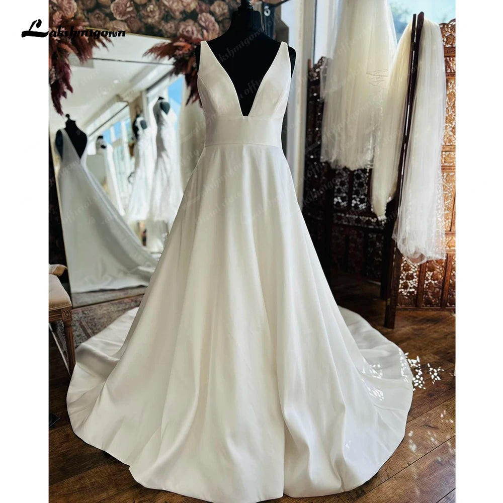 Lakshmigown Satin Long Beach Wedding Dress V neck 2024 Vestidos Sexy Boho Bridal Gowns Open Back abito da sposa