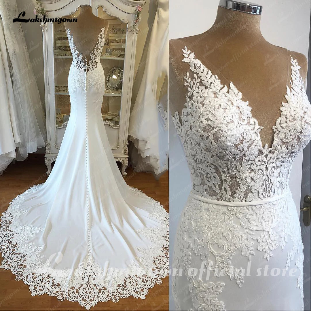 Lakshmigown Satin Mermaid Wedding Dress 2023 Plunging Backless Sexy Bridal Dress Trouwjurken Vintage Lace Receipt Wedding Gown