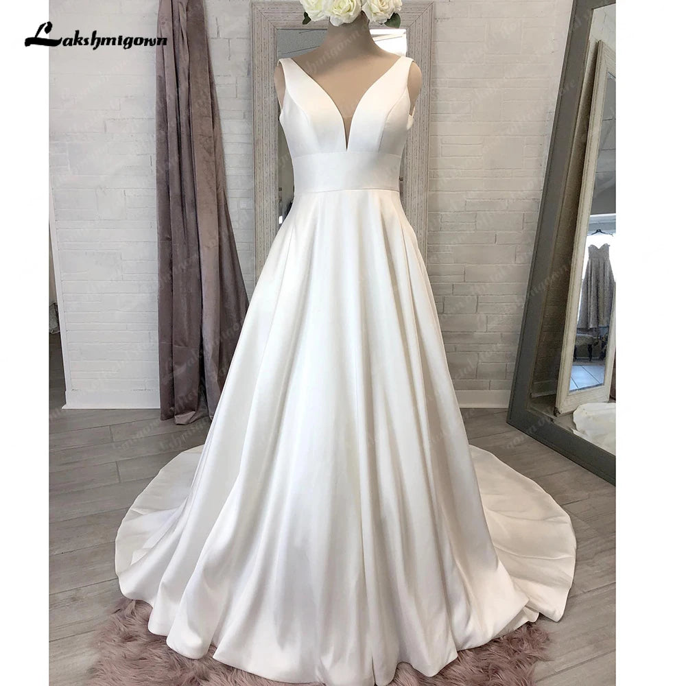 Lakshmigown Satin Wedding Dress A-line V-Neck Sleeveless Sexy Backless Bridal Gown  2023 Vestido Sexy Boho Bridal Dress