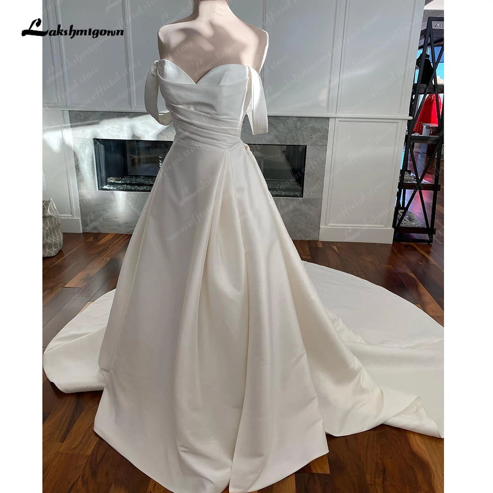 Lakshmigown Sexy Off Shoulder Bridal Dresses Satin Lvory A-Line Pleated Simple Princess Wedding Gown