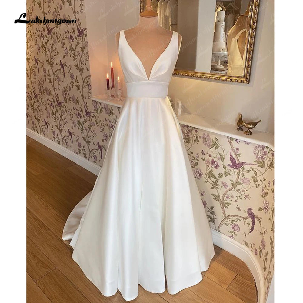 Lakshmigown Simple Satin A Line Wedding Dress 2024 Elegant V Neck Bridal Beach Gowns Vestidos Boda