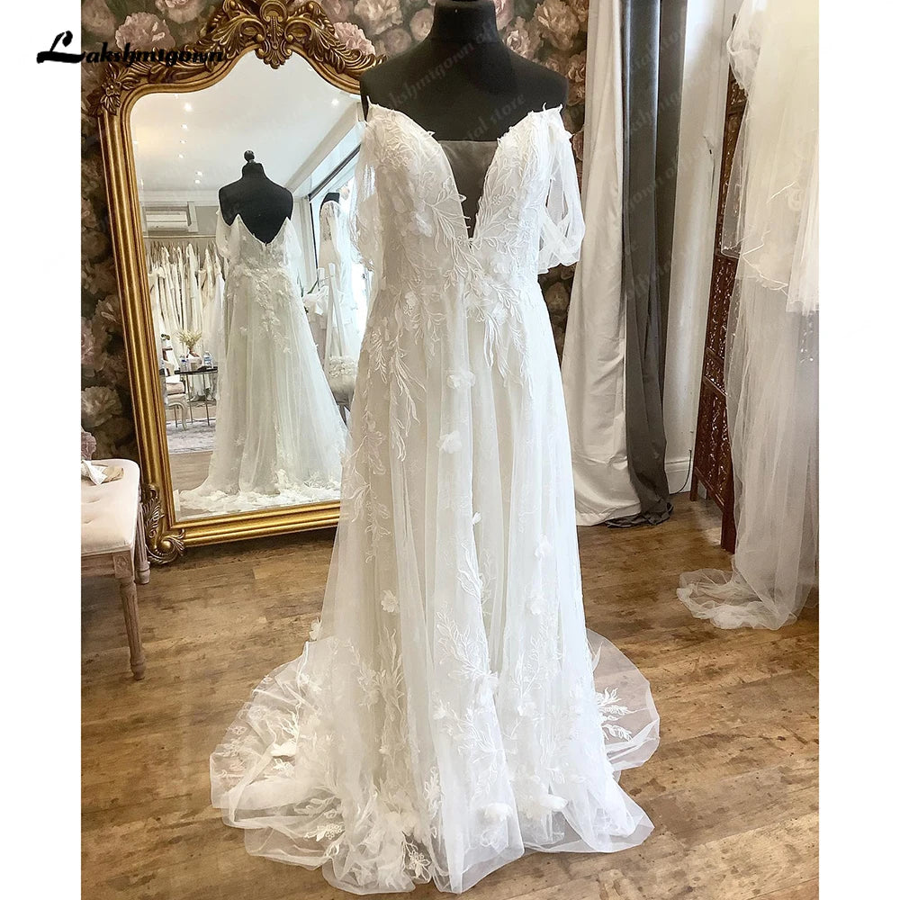 Lakshmigown Spaghetti Straps Lace Appliques A Line Boho Backless Wedding Dress with V Neck 2024 Bridal Gown robe de soirée