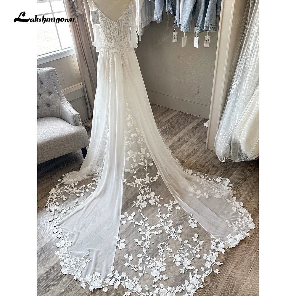 Lakshmigown Spaghetti Straps Plunging V Neck Lace Chiffon Country Wedding Dress  2024 Vestido Boda Civil Beach Bridal Gown