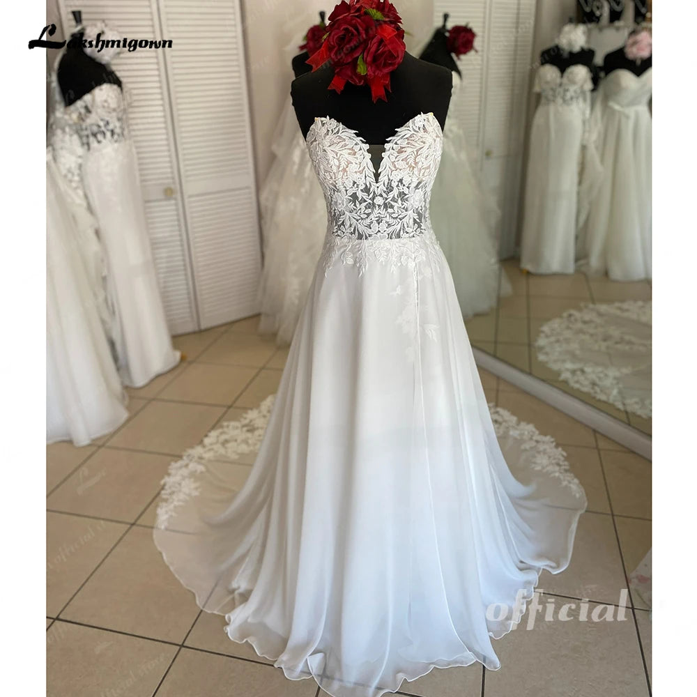 Lakshmigown Sweetheart Bohemian Wedding Dress Boho Long Chiffon Lace Sweep Bridal Gowns Custom Made