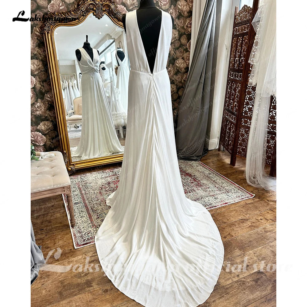 Lakshmigown V Neck Soft Satin Mermaid Plus Size Pleat Wedding Dress A Line Boho Beach Women Bridal Gowns Custom Made