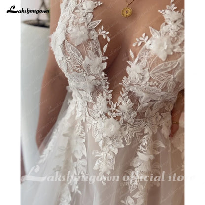 Lakshmigown Vintage Lace Appliques Backless Wedding Dress with V Neck 2024 3D Flowers Bridal Gown