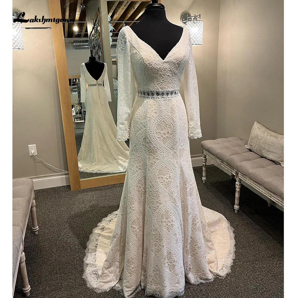 Lakshmigown Vintage Long Sleeve Lace Boho Civil Wedding Dress 2024 Bohemian Bridal Wedding Gown Custom Made Vestidos Novia