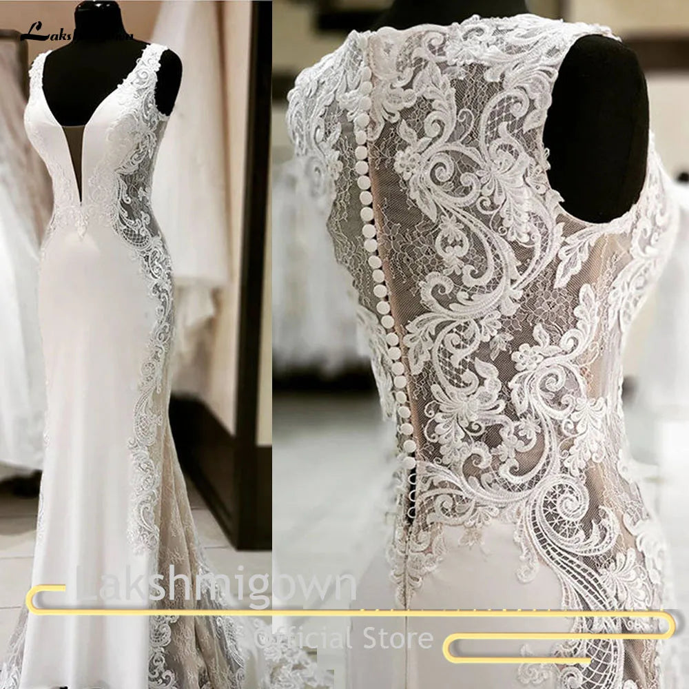 Latest Design White Lace Applique Elegant Mermaid Wedding Dress with Sweep Train Off White Satin Wedding Gowns Trouwjurk Long