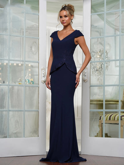 V-Neck Cap Sleeves Appliques Mermaid Mother of the Bride Dress