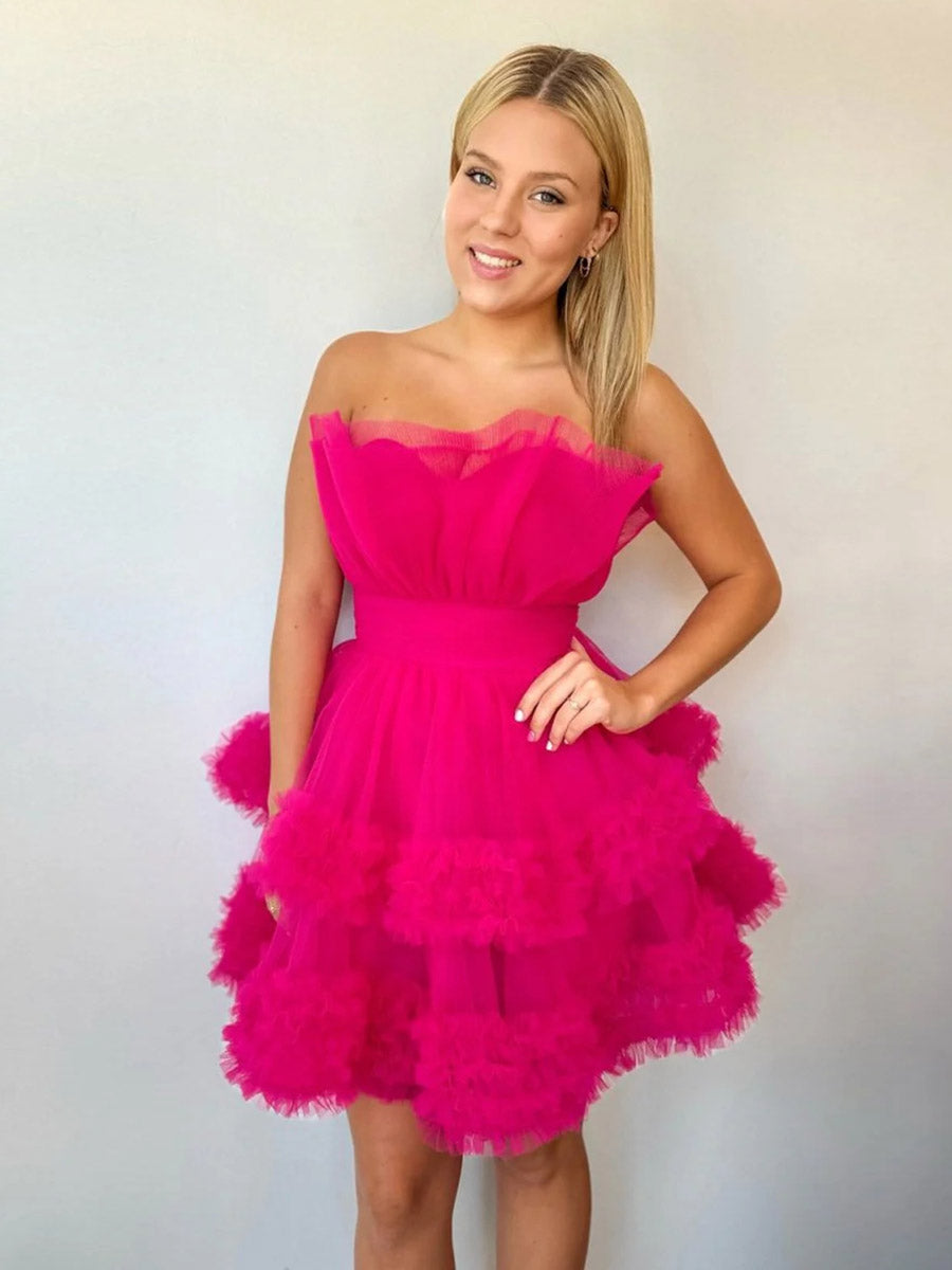 A-Line Strapless Tulle Tiered Party Evening Homecoming Dress