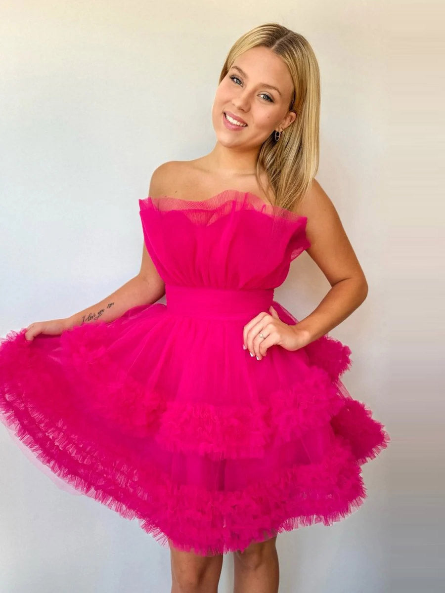 A-Line Strapless Tulle Tiered Party Evening Homecoming Dress