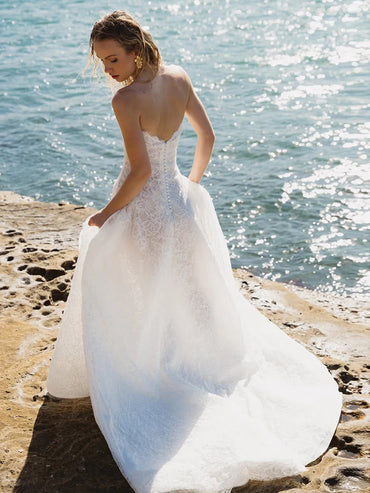 A-Line Strapless Full Lace Illusion Wedding Dress with Train