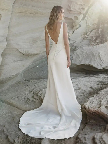 Bateau Open Back Sleeveless High Slit Sleek Satin Wedding Dress with Train