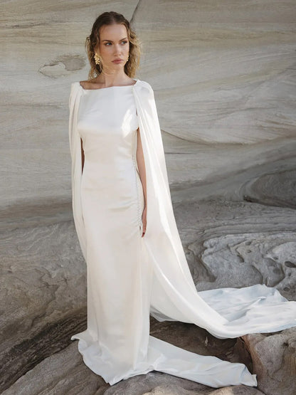Bateau Open Back Sleeveless High Slit Sleek Satin Wedding Dress with Train