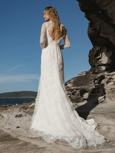High Neck Long Sleeves Lace Illusion Wedding Dress with Train