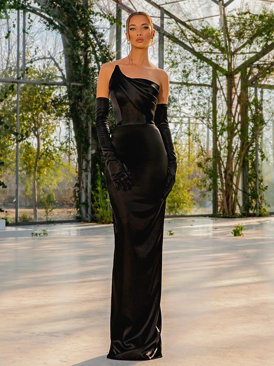 Sheath Strapless Draped Sleek Satin Party Evening Prom Dress