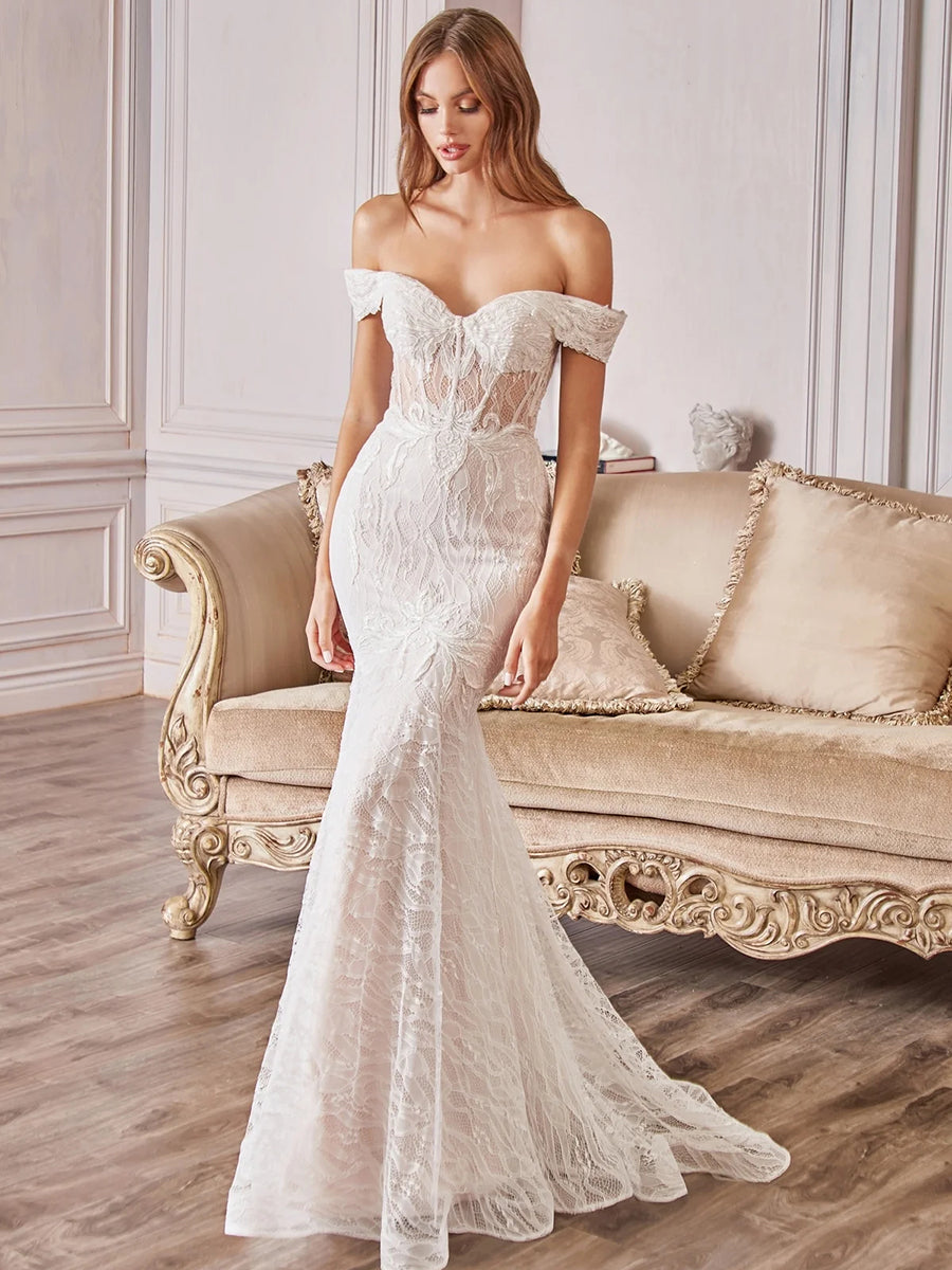 Off-Shoulder Sweetheart Full Lace Mermaid Wedding Dress with Train