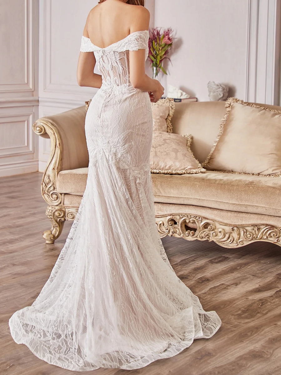 Off-Shoulder Sweetheart Full Lace Mermaid Wedding Dress with Train