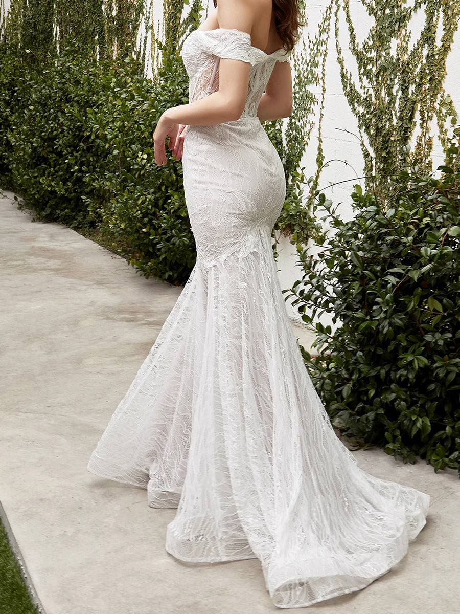 Off-Shoulder Sweetheart Full Lace Mermaid Wedding Dress with Train