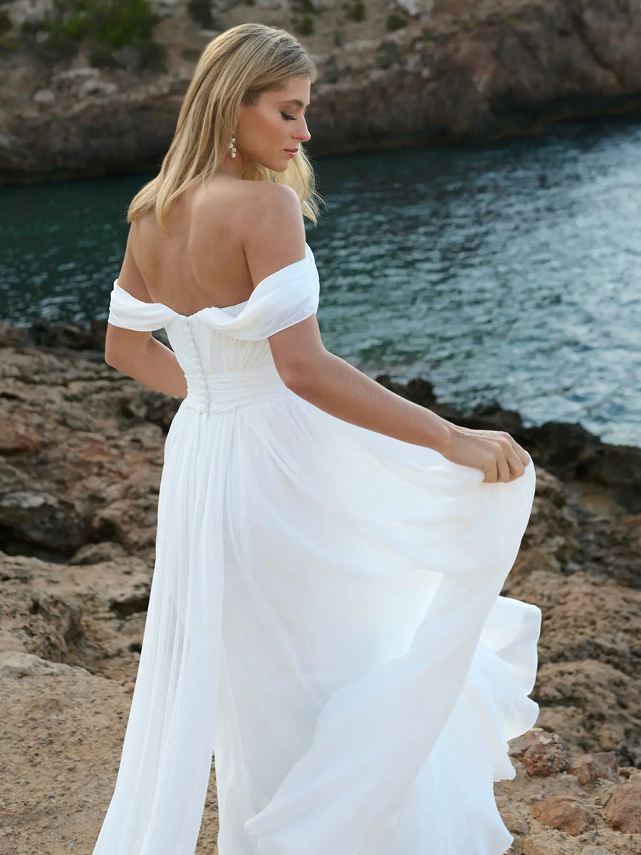 A-Line Off-Shoulder Sweetheart Chiffon Wedding Dress with Train