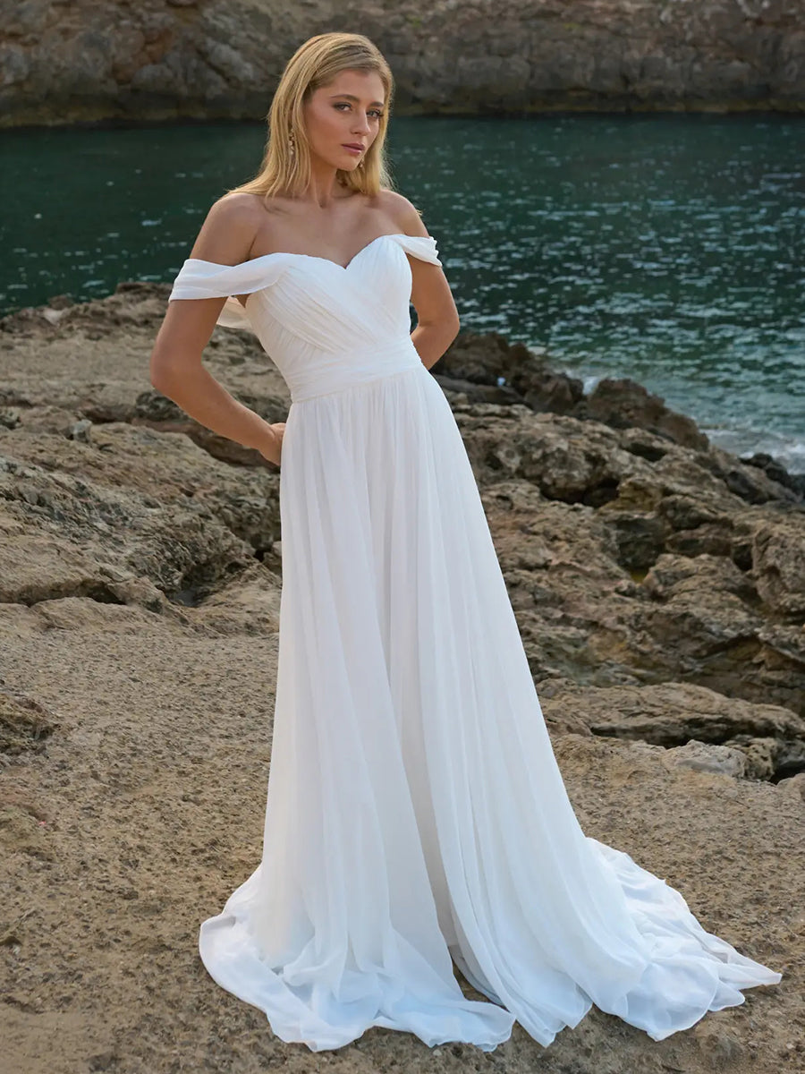 A-Line Off-Shoulder Sweetheart Chiffon Wedding Dress with Train