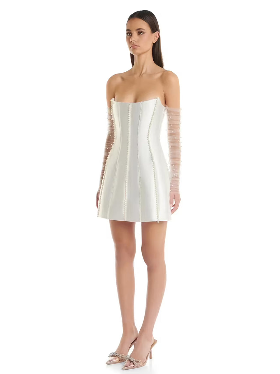 A-Line Strapless Beaded Pearls Sleek Satin Short Wedding Dress