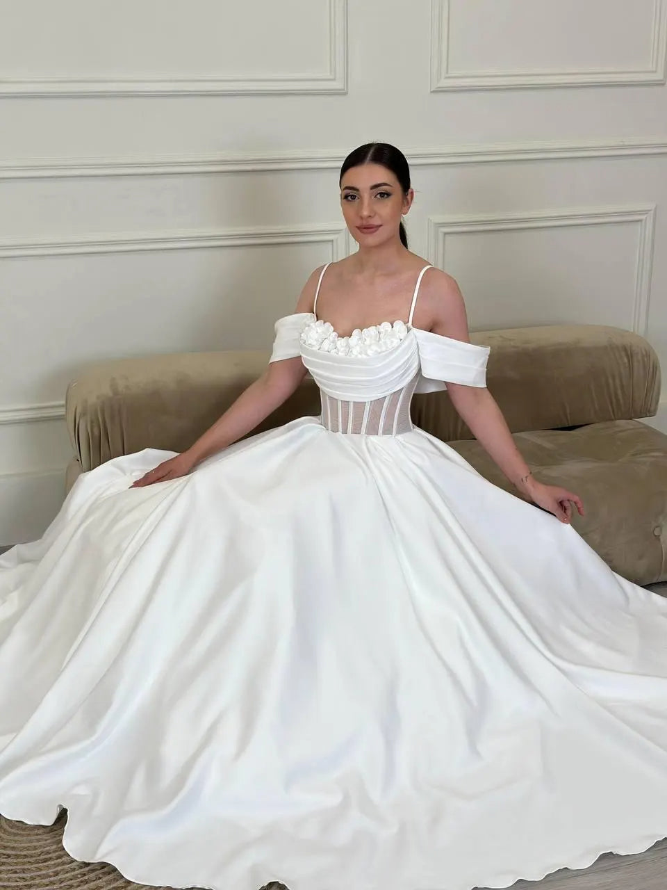 A-Line Spaghetti Straps Off-Shoulder Illusion Appliques Wedding Dress with Train