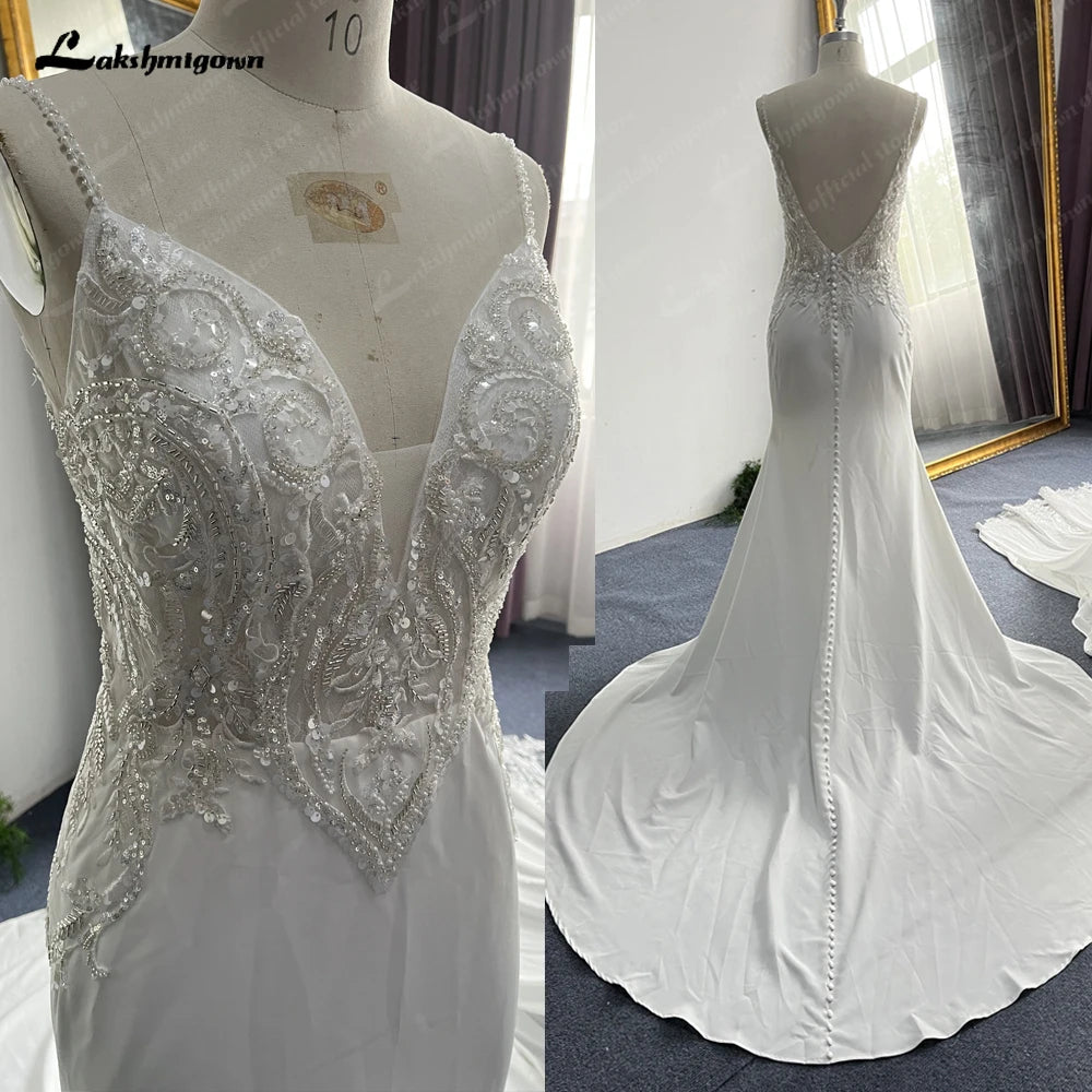 Lakshmigown  Spaghetti Strap Crepe Mermaid Wedding Dress for Women Beading Satin Bridal Gowns Open Back Real photos