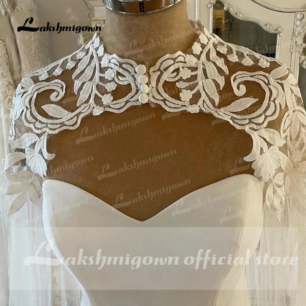 Lakshmigown Mermaid Soft Satin Wedding Dress with Cape Elegant Sleeveless Wedding Dresses Sweetheart Satin Long Bridal Gowns