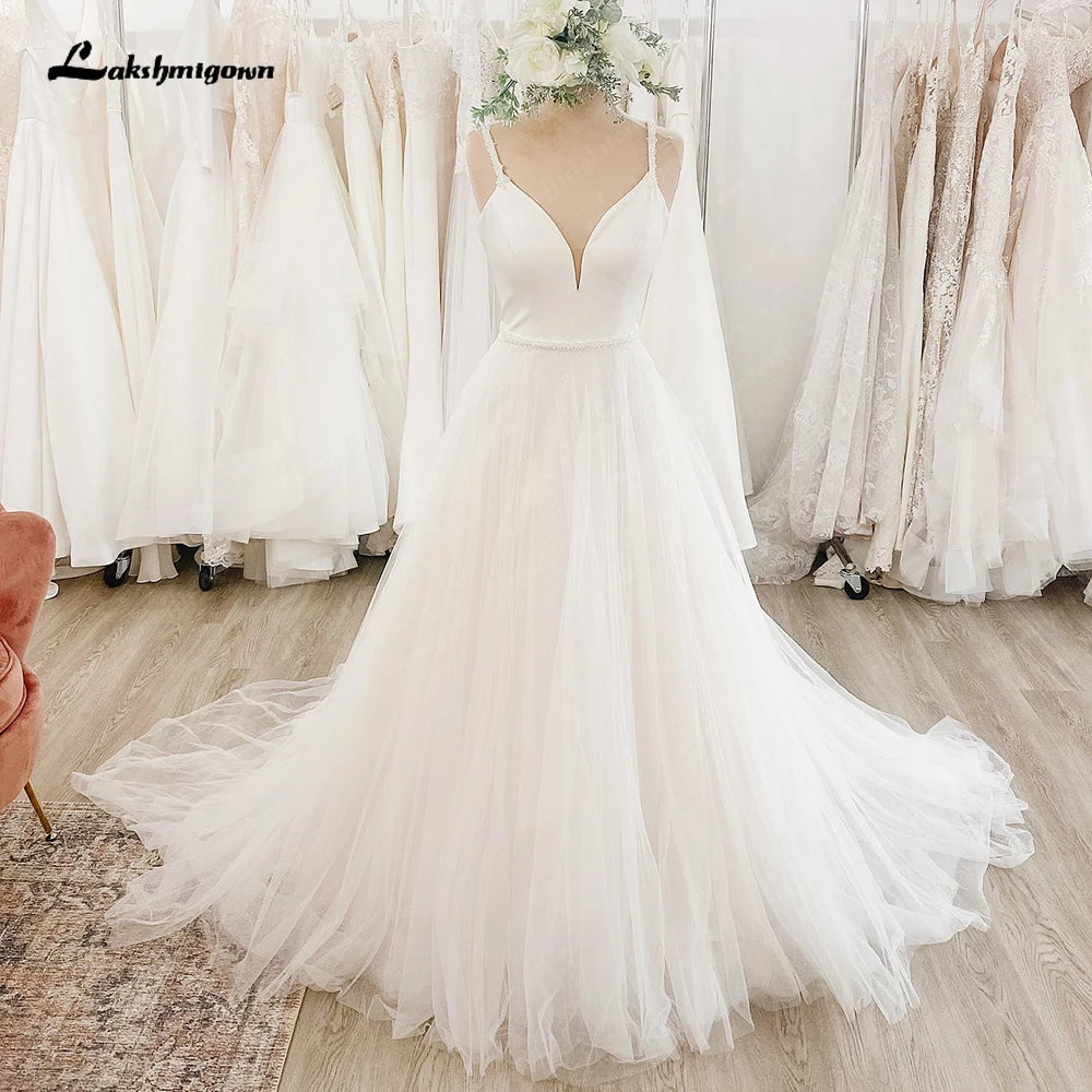 Pluning V Neck Spaghetti Straps Tulle Boho Wedding Dress 2023 Summer Robe Civil Bridal Gowns Custom Made vestito da sposa