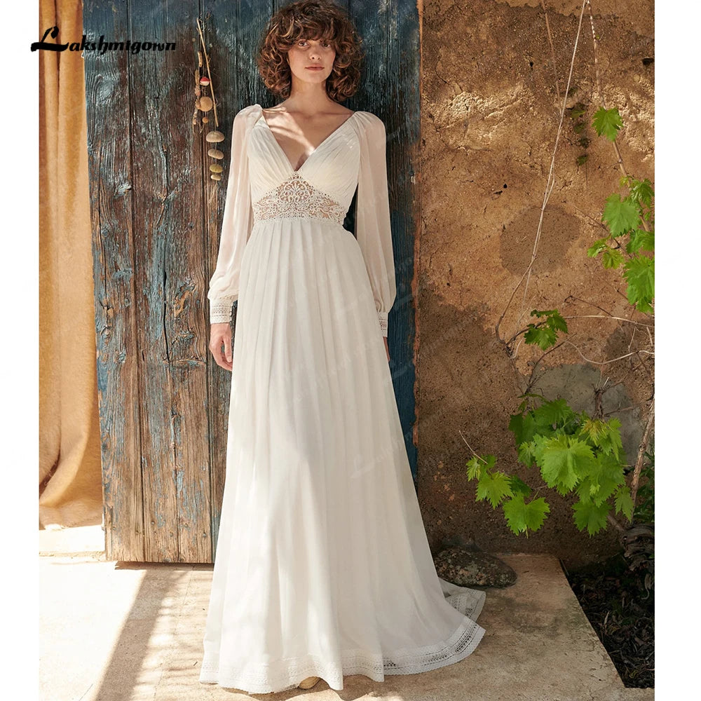 Lakshmigown Bohemian Wedding Dress Sexy Boho Bridal Long Sleeve Wedding Dresses A Line 2023 Robe Mariee Simple Beach Chiffon
