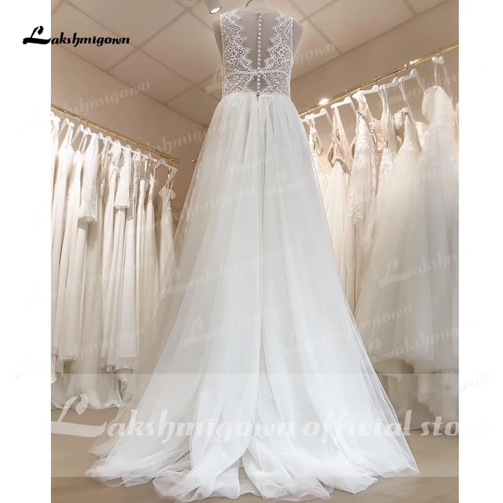 Lakshmigown Beach Wedding Dress Boho A Line Lace Tulle Sleeveless Back Open Sweep Train Deep V Neck Robe Mariee