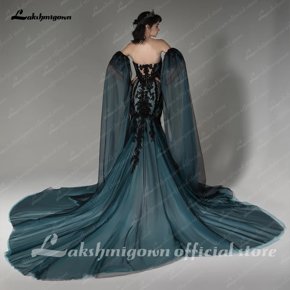 Gothic Black Blue Dress 2023 Sexy Bridal Robe Lace Flower Sequins Wedding Gowns Mermaid Trouwjurk Plus Size Vestido De Novia