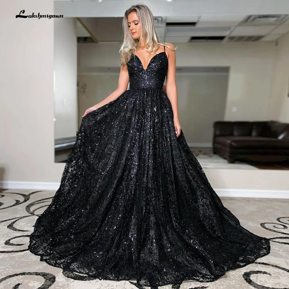 Sparkly Black Wedding Dresses Formal Lace V-Neck Straps Glitter A-Line Backless Bridal Dress Lakshmigown