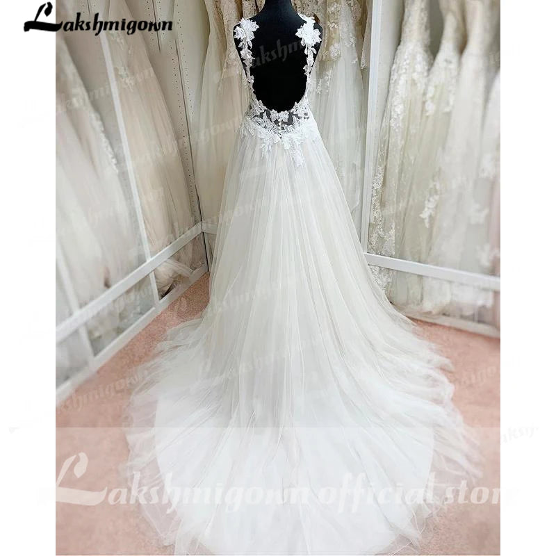 Lakshmigown Ivory Lace Tulle V-Neck Floor-Length A-Line Wedding Dresses Chapel Train Sleeveless Backless Bridal Gowns Custom