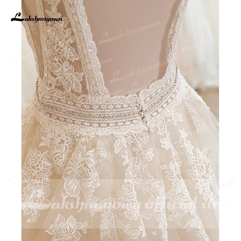 Lakshmigown Wedding Dress Sleeveless Lace Floral Appliqued Deep V Neck Backless Tank trajes de novias largos hochzeitskleid