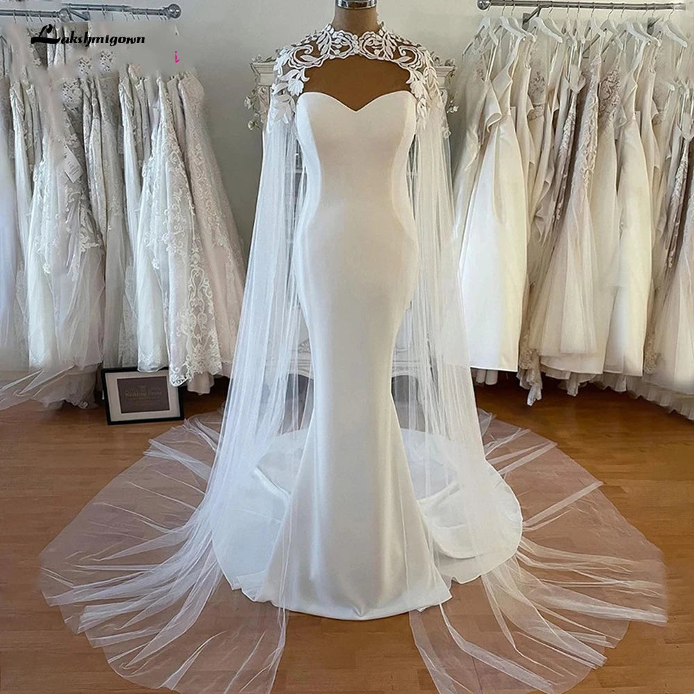 Lakshmigown Mermaid Soft Satin Wedding Dress with Cape Elegant Sleeveless Wedding Dresses Sweetheart Satin Long Bridal Gowns