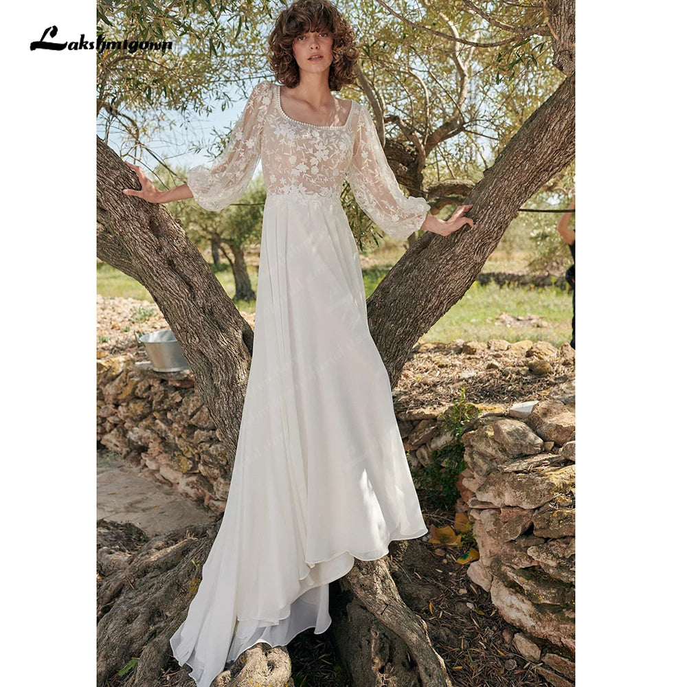 Lakshmigown Puffy Long Sleeve Wedding Dress For Women 2023 Sexy Bridal A Line Chiffon Beach Wedding Gowns Vestidos Novias