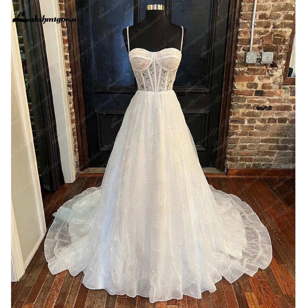 Luxury Shining Glitter Tulle Wedding Dress 2023 Sleeveless Spaghetti Straps Vintage bridal Gowns Robes De Mariée