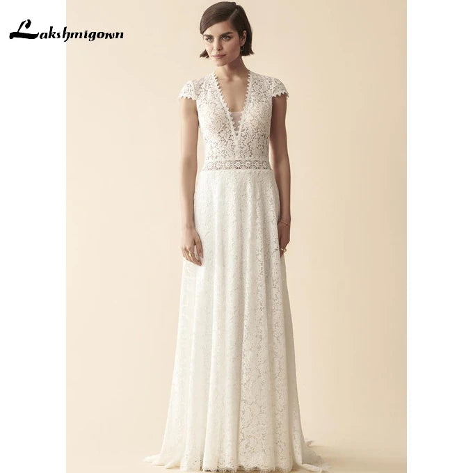 Vintage Off White Lace Bohemian Wedding Dress A Line Cap Sleeve Sexy Backless Bridal Gown Vestidos de Novia