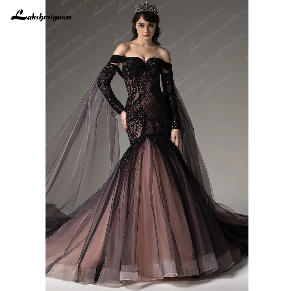 Black Gothic Wedding Dresses Trumpet-Mermaid Chapel Train Sequined Lace Wedding Gown Vestidos De Fiesta Glitter Sweetheart Party