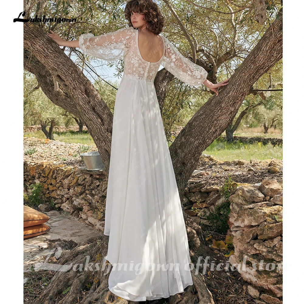 Lakshmigown Puffy Long Sleeve Wedding Dress For Women 2023 Sexy Bridal A Line Chiffon Beach Wedding Gowns Vestidos Novias