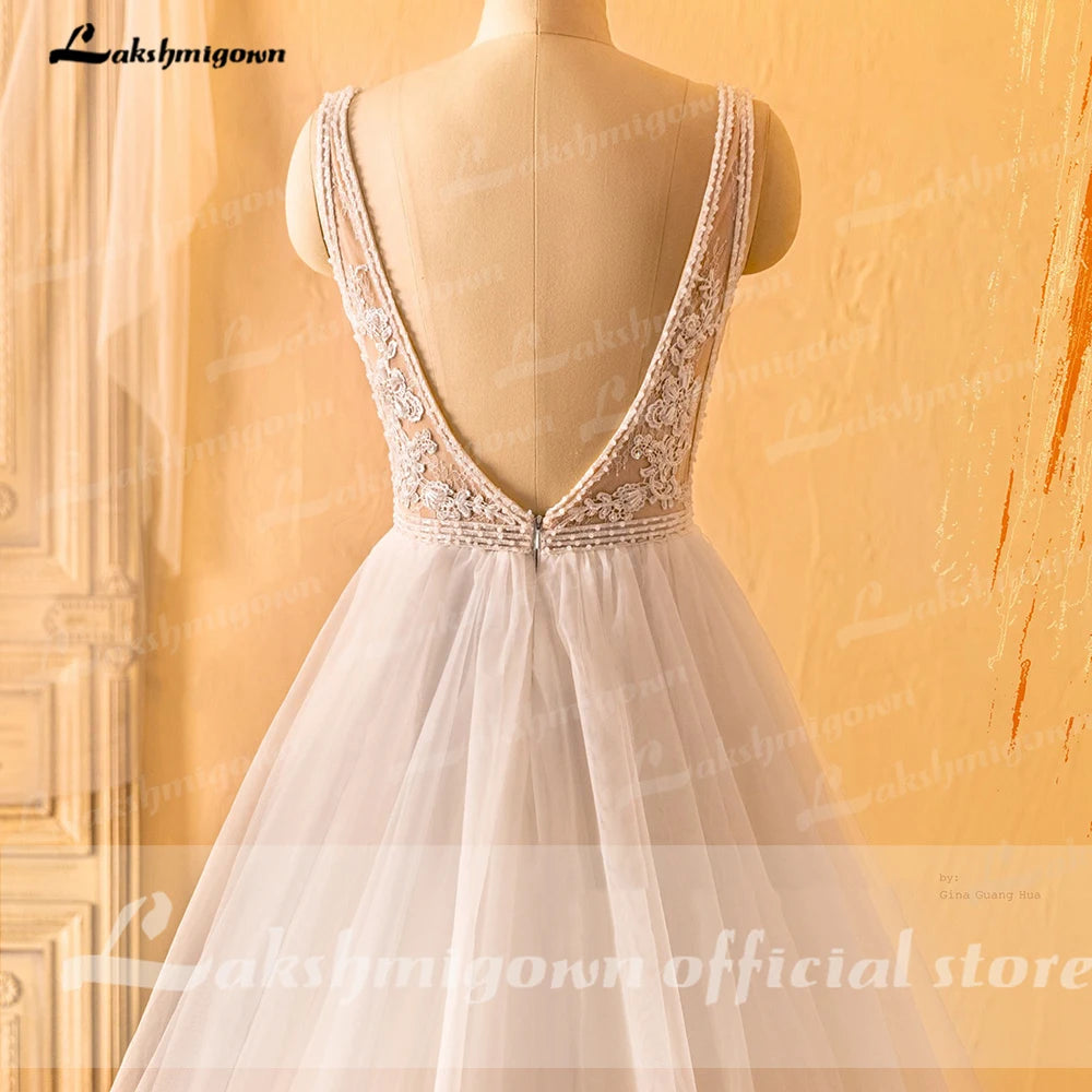 Lakshmigown V Neck A Line Boho Wedding Dress for Women Summer Beach 2023 Elegant Bridal Gown Lace Appliques Beads Robe Femme