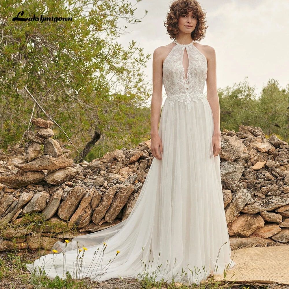 Lakshmigown Sexy Lace Beach Halter Neckline Open Back Wedding Dress for Women 2023 Elopement Bridal Gowns abito da sposa