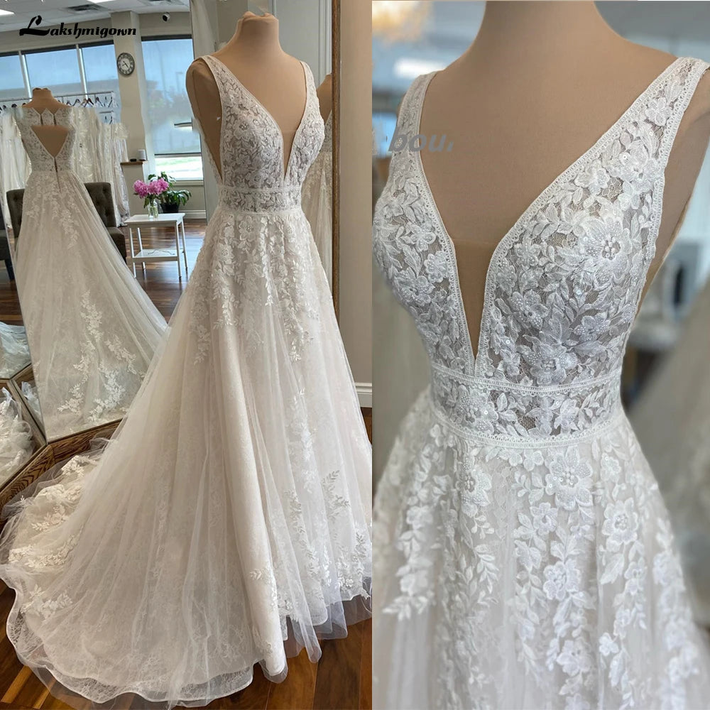 Lakshmigown V Neck Wedding Dress A Line Plunging Neckline V Back Lace Appliques Bridal Gowns Casamento Boho Wedding Gowns