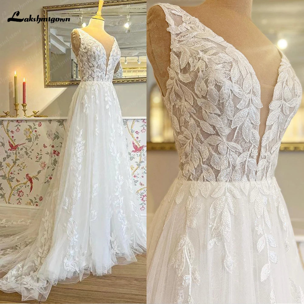 Lakshmigown V Neck Lace Floral Wedding Dress 2023 Vestidos Elegant Women Robe Mariage Bridal Wedding Gown