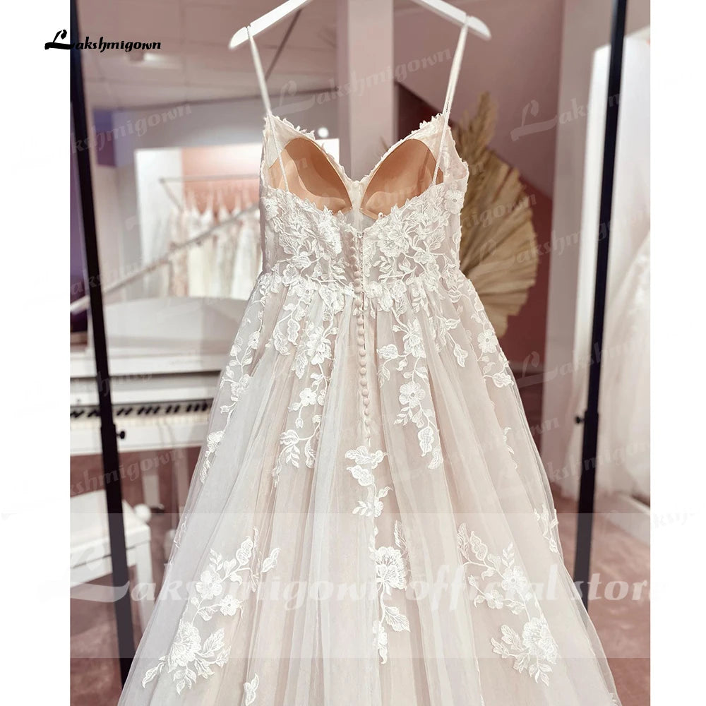 Lakshmigown Vintage Champagne Tulle Wedding Dress 2023 A-Line Lace Appliques V Neck Backless Bridal Gown abito da sposa