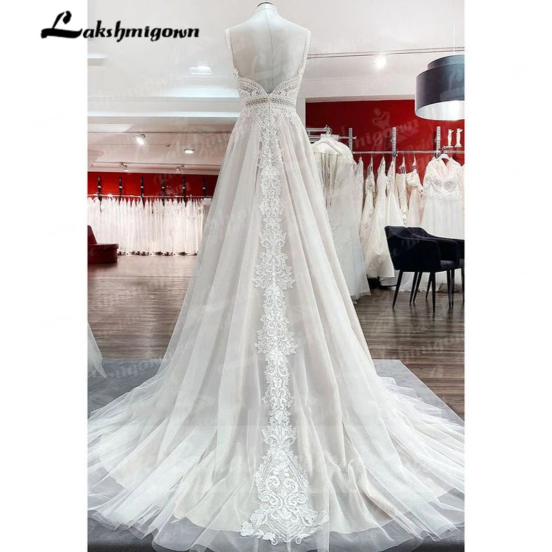 Lakshmigown A Line Boho Wedding Dress Spaghetti Straps Lace Tulle V Neck Sleeveless Open Back Vestidos de Fiesta